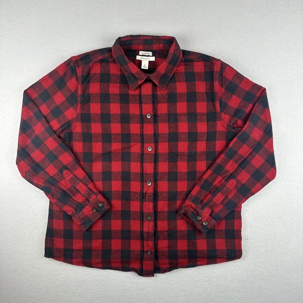 LL Bean Flannel Shirt Womens Large Petite Red Black Buffalo Plaid Relaxed Fit